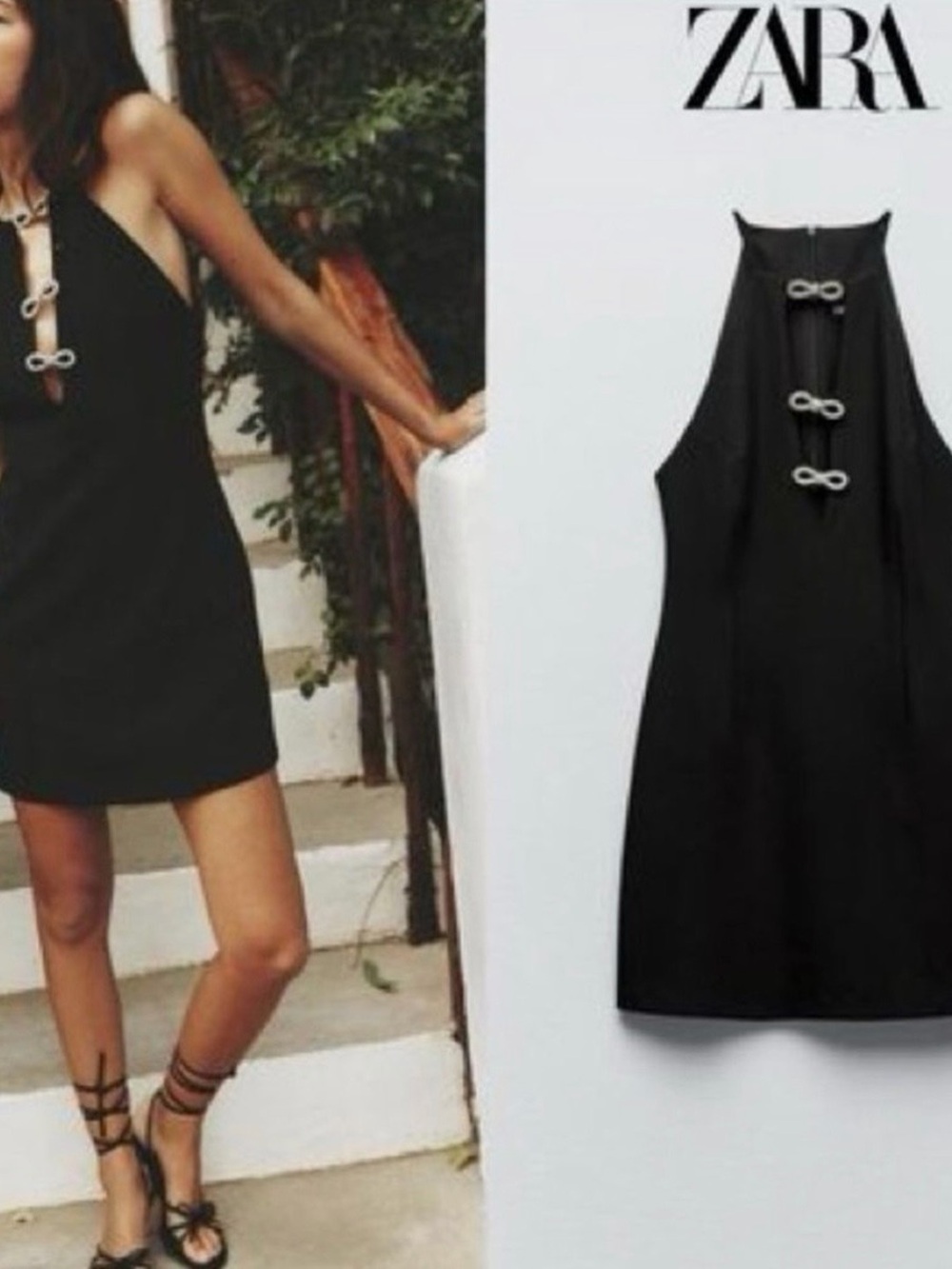 NWT ZARA Black Halter Mini Dress with Decorative Bow Details- M
